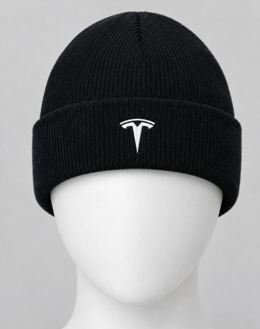 Tesla Logo Beanie Hat Port and Company Black Knit Pre Owned